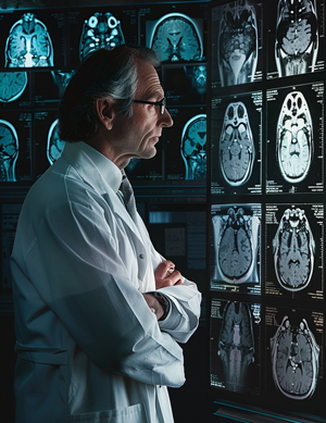 A physician contemplates MRI imagery 