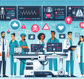 An illustration of healthcare provides surrounded by healthcare hazards