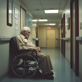 An elderly resident of a nursing home sits alone in a hallway in a wheelchair.