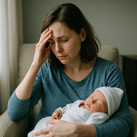 A woman struggling with postpartum depression while holding a newborn. 