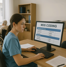  A medical coder at a computer with an MDS coding software interface visible