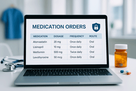 A computer with medication orders on the screen