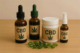 CBD oil bottles and capsules on a table
