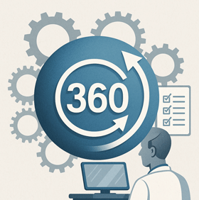 A modern circular diagram or digital dashboard labeled “Accreditation 360,” surrounded by icons like a checklist, hospital, people, and magnifying glass.