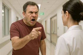 An  man angrily points at a provider