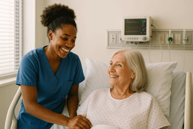 A nurse caring for a patient in bed