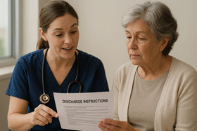 A nurse explains discharge instructions to a patient